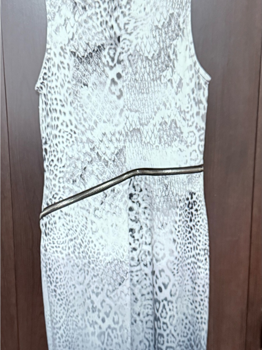 Jennifer Lopez White and Gray snake skin Midi Dress with Diagonal Zip